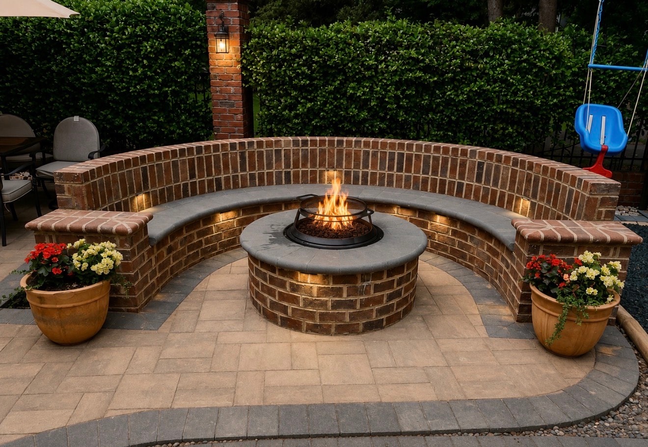 Brick fire pit seating area
